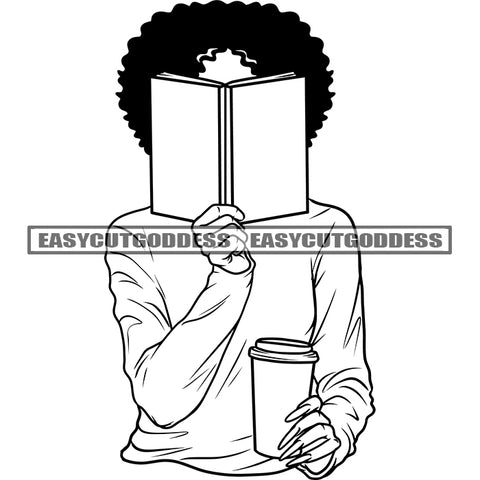 African American Woman Hide Face On Book Afro Short Hairstyle Design Element Black And White Artwork Holding Coffee Mug Long Nail BW SVG JPG PNG Vector Clipart Cricut Silhouette Cut Cutting