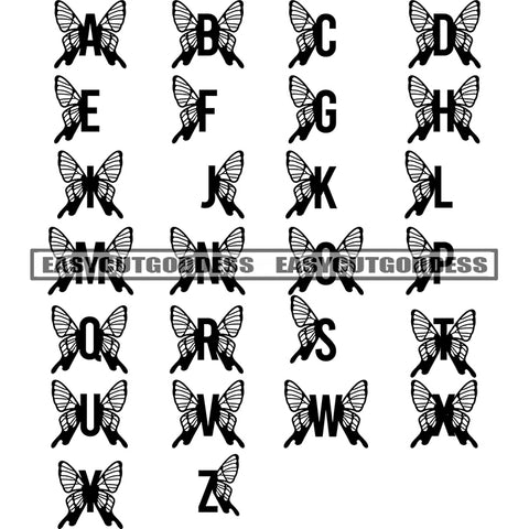 A To Z Word And Butterfly Symbol Design BW Quote Black And White Artwork Silhouette Design Element SVG JPG PNG Vector Clipart Cricut Silhouette Cut Cutting