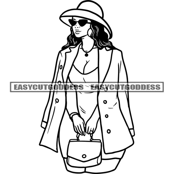 African American Woman Hand Holding Hand Bag Wearing Sunglasses And Hat Design Element Sexy Woman Smile Face Black And White Artwork SVG JPG PNG Vector Clipart Cricut Silhouette Cut Cutting