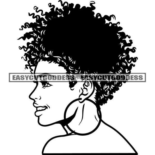 African American Woman Side Face Design Element Afro Hairstyle Wearing Hoop Earing Black And White Artwork Cute Woman Face SVG JPG PNG Vector Clipart Cricut Silhouette Cut Cutting