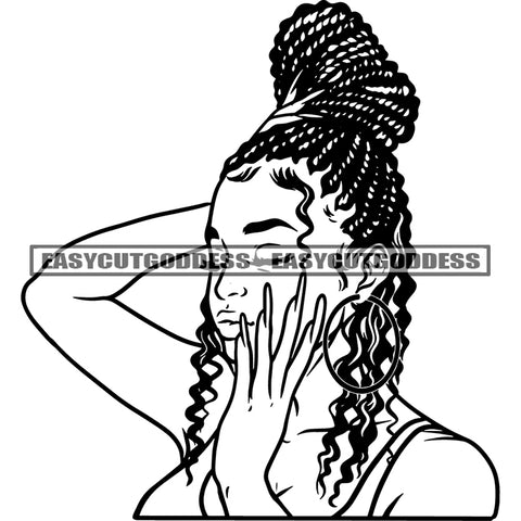 Black And White Artwork African American Woman Long Nail Locus Long Hairstyle Design Element Sexy Afro Woman SVG JPG PNG Vector Clipart Cricut Silhouette Cut Cutting