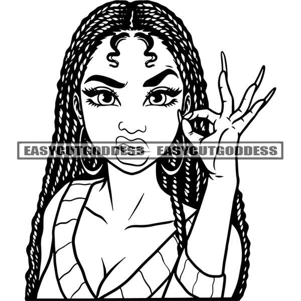 Ok Hand Sign African American Girls Angry Face Locus Hairstyle Wearing Hoop Earing Sexy Girls Black And White Artwork BW SVG JPG PNG Vector Clipart Cricut Silhouette Cut Cutting