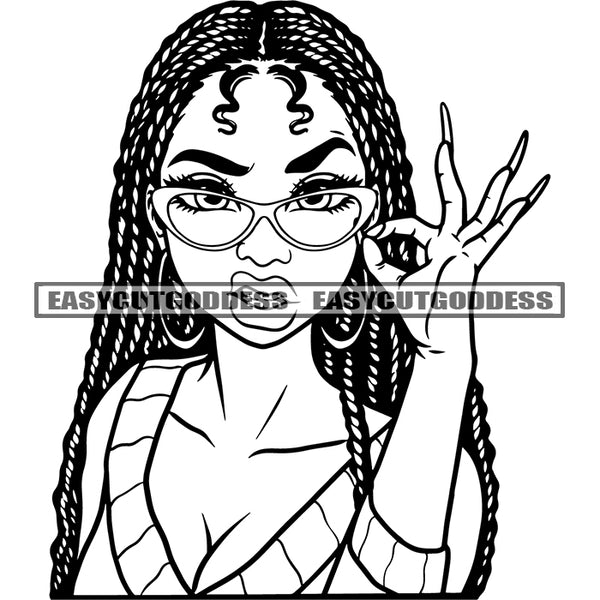 Afro Girls Hand Holding Sunglass African American Girls Angry Face Locus Hairstyle Wearing Hoop Earing Sexy Girls Black And White Artwork BW SVG JPG PNG Vector Clipart Cricut Silhouette Cut Cutting