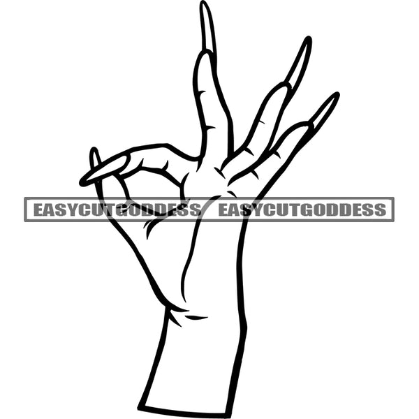 Ok Hand Sign Vector Black And White Woman Hand Long Nail Design Element SVG JPG PNG Vector Clipart Cricut Silhouette Cut Cutting