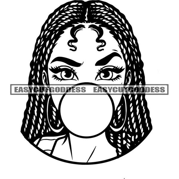 Bauble Gum On Afro Girls Mouth African American Angry Face Girls Head And Face Design Element Black And White Artwork Locus Hairstyle SVG JPG PNG Vector Clipart Cricut Silhouette Cut Cutting