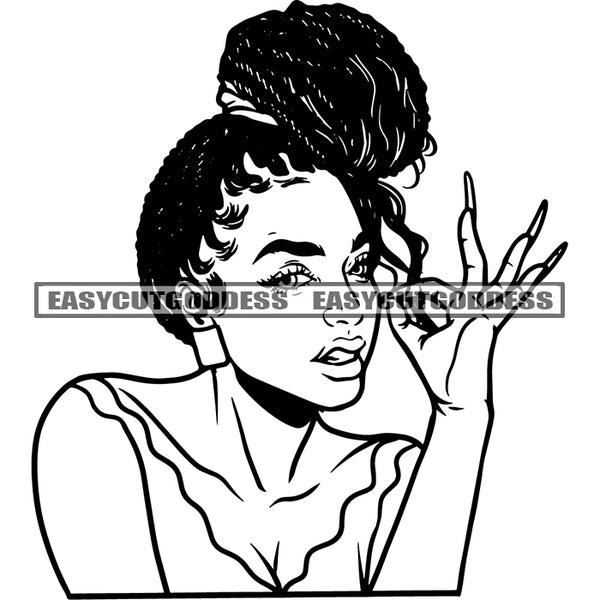 African American Woman Smile Face Ok Hand Sign Design Element Afro Hairstyle Wearing Hoop Earing Vector Black And White Artwork SVG JPG PNG Vector Clipart Cricut Silhouette Cut Cutting