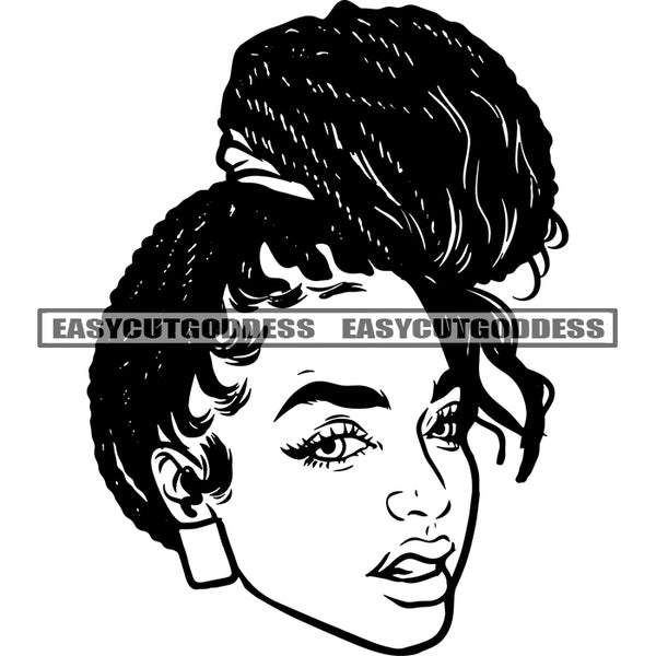African American Woman Angry Face Design Element Afro Hairstyle Wearing Hoop Earing Face And Head Artwork Vector Black And White Artwork SVG JPG PNG Vector Clipart Cricut Silhouette Cut Cutting