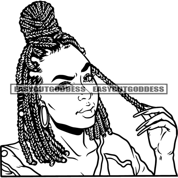 African American Woman Hand Holding Own Hair Smile Face Black And White Artwork Locus Hairstyle Vector Woman Wearing Hoop Earing SVG JPG PNG Vector Clipart Cricut Silhouette Cut Cutting