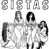 Sister Quote African American Plus Size Woman Sitting Ang Standing Pose Afro Hairstyle Design Element Wearing Sexy Dress BW SVG JPG PNG Vector Clipart Cricut Silhouette Cut Cutting