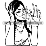 African American Woman Holding Sunglasses Showing Long Nail Smile Face Sexy Dress Curly Hairstyle BW Artwork SVG JPG PNG Vector Clipart Cricut Silhouette Cut Cutting