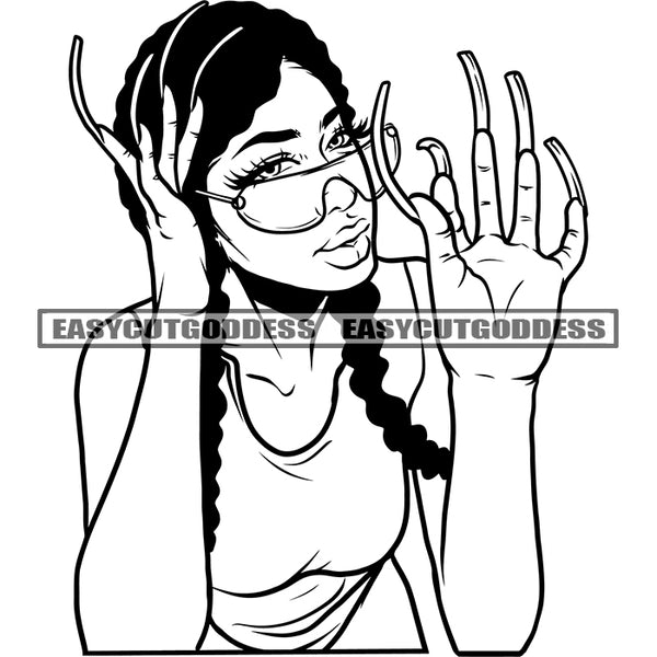 African American Woman Holding Sunglasses Showing Long Nail Smile Face Sexy Dress Curly Hairstyle BW Artwork SVG JPG PNG Vector Clipart Cricut Silhouette Cut Cutting