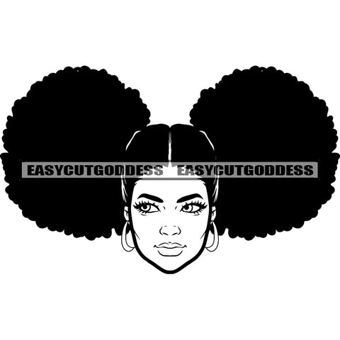 Black And White Artwork African American Woman Face And Head Design Element Afro And Puffy Hairstyle Wearing Hoop Earing SVG JPG PNG Vector Clipart Cricut Silhouette Cut Cutting