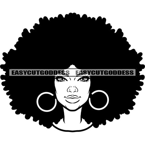 Smile Face Black And White Artwork African American Woman Face And Head Design Element Afro And Puffy Hairstyle Wearing Hoop Earing SVG JPG PNG Vector Clipart Cricut Silhouette Cut Cutting