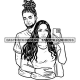 African American Romantic Couple Holding Phone Take Selfie Pose Hugging Pose Afro Hairstyle Woman Wearing Hoop Earing Vector Smile Face BW Artwork SVG JPG PNG Vector Clipart Cricut Silhouette Cut Cutting