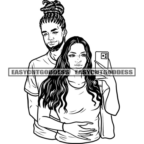 African American Romantic Couple Holding Phone Take Selfie Pose Hugging Pose Afro Hairstyle Woman Wearing Hoop Earing Vector Smile Face BW Artwork SVG JPG PNG Vector Clipart Cricut Silhouette Cut Cutting