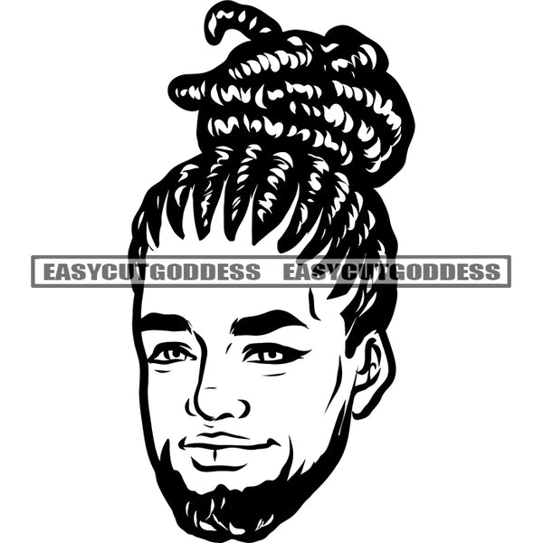 African American Man Head Design Element Locus Hairstyle Smile Face BW Artwork Black And White Open Eyes SVG JPG PNG Vector Clipart Cricut Silhouette Cut Cutting