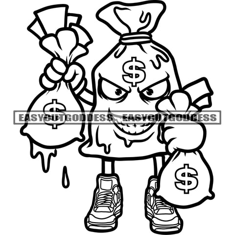 Funny Money Bag Cartoon Character Holding Money Bag Smile Face Vector BW Artwork Color Dripping SVG JPG PNG Vector Clipart Cricut Silhouette Cut Cutting
