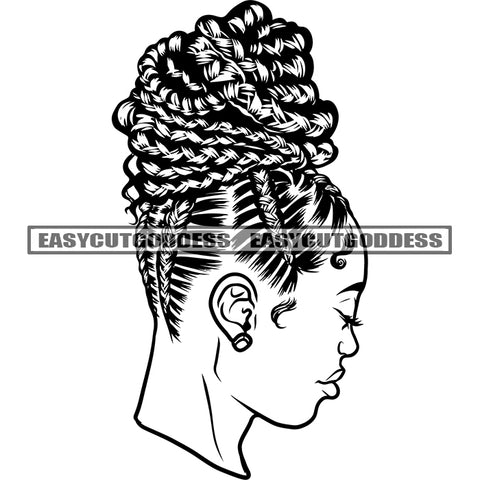 Black And White African American Girls Head Close Eyes Wearing Earing Artwork Design Element Side Face Locus Long Hairstyle BW SVG JPG PNG Vector Clipart Cricut Silhouette Cut Cutting