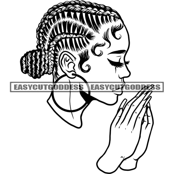 Hard Praying Hand Black And White African American Girls Head Artwork Wearing Hoop Earing Design Element Side Face Long Hairstyle BW Artwork SVG JPG PNG Vector Clipart Cricut Silhouette Cut Cutting
