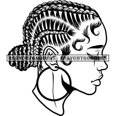 Black And White African American Girls Head Artwork Wearing Hoop Earing Design Element Side Face Long Locus Hairstyle BW Artwork SVG JPG PNG Vector Clipart Cricut Silhouette Cut Cutting