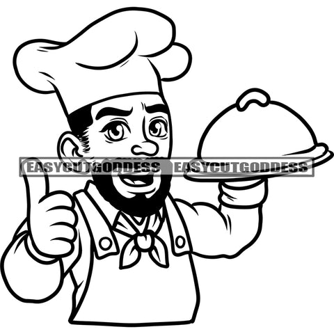 Chef Cartoon Character Holding Plate Chef Cooking Smile Face Wearing Chef Hat Ok Hand Sign Design Element BW Artwork SVG JPG PNG Vector Clipart Cricut Silhouette Cut Cutting