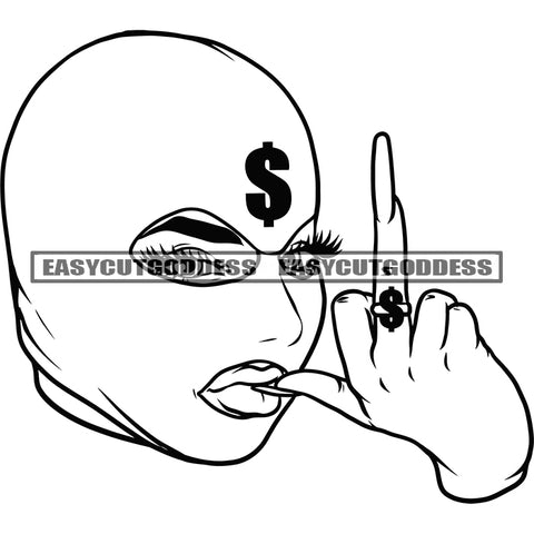 African American Woman Wearing Face Musk Dollar Sign On Head Showing Middle Finger Long Nail Black And White Artwork BW SVG JPG PNG Vector Clipart Cricut Silhouette Cut Cutting