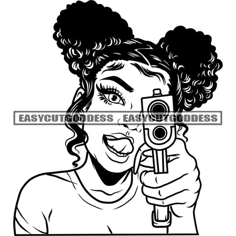 African American Sexy Woman Holding Gun Weapon Smile Face Sexy Woman Afro Hairstyle Design Element SVG JPG PNG Vector Clipart Cricut Silhouette Cut Cutting