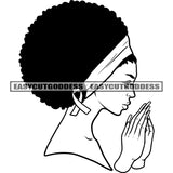 Black And White Artwork African American Woman Hard Praying Hand Pose Vector Afro Big Hairstyle Wearing Hairband Design Element SVG JPG PNG Vector Clipart Cricut Silhouette Cut Cutting