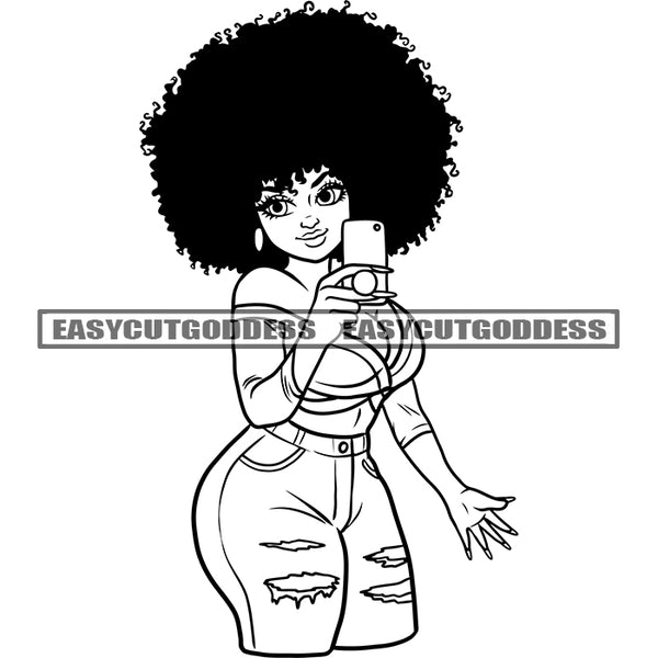 Black And White Artwork African American Plus Size Woman Wearing Sexy Dress Holding Phone Take Selfie Afro Hairstyle Smile Face SVG JPG PNG Vector Clipart Cricut Silhouette Cut Cutting