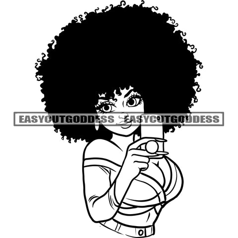 African American Plus Size Woman Wearing Sexy Dress Black And White Artwork Holding Phone Take Selfie Afro Hairstyle Smile Face SVG JPG PNG Vector Clipart Cricut Silhouette Cut Cutting