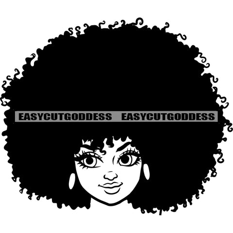 African American Woman Head Design Element Wearing Earing Afro Hairstyle Black And White Artwork BW Smile Face SVG JPG PNG Vector Clipart Cricut Silhouette Cut Cutting