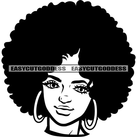 African American Woman Head Design Element Afro Hairstyle Wearing Hoop Earing Smile Face BW Artwork Cute African Woman SVG JPG PNG Vector Clipart Cricut Silhouette Cut Cutting