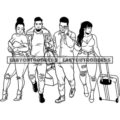 Black And White Artwork African American Travel Couple Holding Bag Travel Tour Couple Afro Hairstyle Wearing Sexy Dress And Sunglasses SVG JPG PNG Vector Clipart Cricut Silhouette Cut Cutting