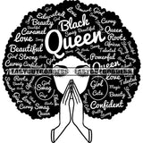 Queen Quote African American Woman Hard Praying Hand Wearing Hoop Earing Vector Smile Face Close Eyes Design Element Afro Hairstyle SVG JPG PNG Vector Clipart Cricut Silhouette Cut Cutting