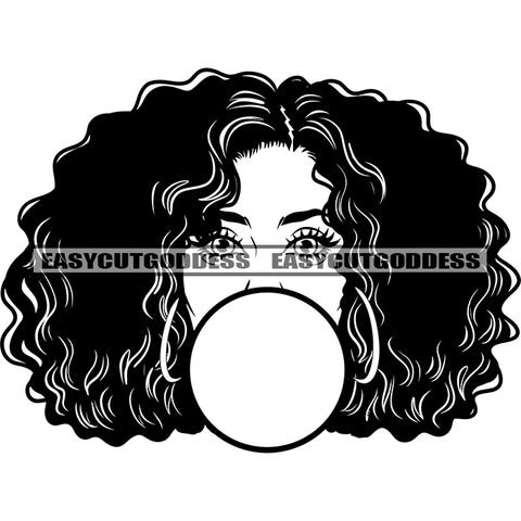 Black And White Artwork African American Woman Bubble Gum On Mouth Wearing Hoop Earing Afro Hairstyle BW Hide Face Design Element SVG JPG PNG Vector Clipart Cricut Silhouette Cut Cutting