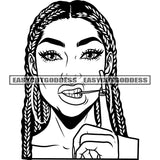 African American Angry Face Woman Locus Hairstyle Long Nail Long Hair Black And White Artwork Tooth Pick On Mouth SVG JPG PNG Vector Clipart Cricut Silhouette Cut Cutting