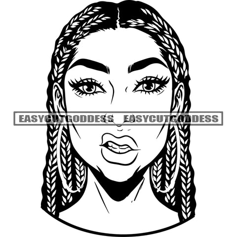 Angry Face Head Art African American Angry Face Woman Locus Hairstyle Long Nail Long Hair Black And White Artwork On Mouth SVG JPG PNG Vector Clipart Cricut Silhouette Cut Cutting