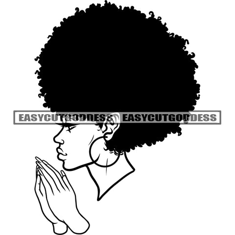 Hard Praying Hand African American Woman Head And Face Design Element Afro Hairstyle Wearing Hoop Earing BW Artwork Side Look Woman Face SVG JPG PNG Vector Clipart Cricut Silhouette Cut Cutting