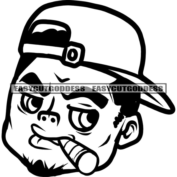Gangster Boys Angry Face Art Smoking Marijuana Wearing Cap Black And White Artwork Design Element Wearing Chain Vector SVG JPG PNG Vector Clipart Cricut Silhouette Cut Cutting