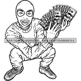 African American Gangster Boy Sitting Pose Holding Lot Of Money Showing Money Note Vector Wearing Face Musk Smile Face BW SVG JPG PNG Vector Clipart Cricut Silhouette Cut Cutting