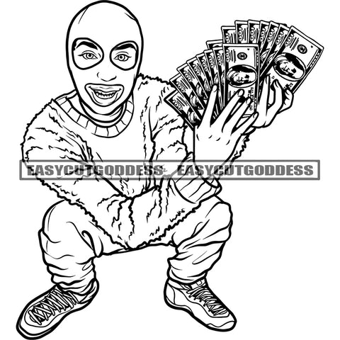 African American Gangster Boy Sitting Pose Holding Lot Of Money Showing Money Note Vector Wearing Face Musk Smile Face BW SVG JPG PNG Vector Clipart Cricut Silhouette Cut Cutting