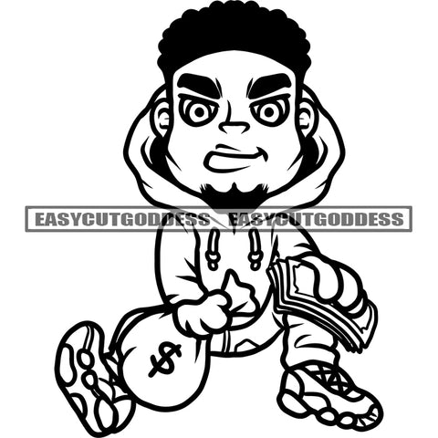 African American Gangster Boys Holding Money Bag And Money Afro Man Angry Face Sitting Pose Afro Hairstyle SVG JPG PNG Vector Clipart Cricut Silhouette Cut Cutting