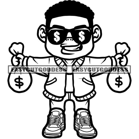 Thief Boys Holding Double Money Bag Wearing Dollar Sign Sunglasses Afro Short Hairstyle African American Gangster Boys Smile Face SVG JPG PNG Vector Clipart Cricut Silhouette Cut Cutting