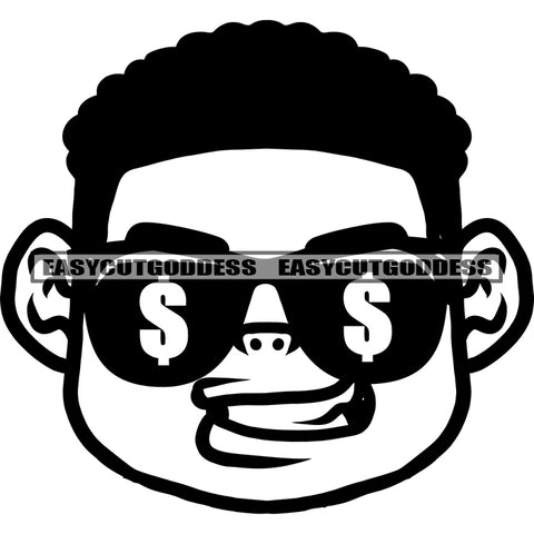 Thief Boys Wearing Dollar Sign Sunglasses Afro Short Hairstyle African American Gangster Boys Smile Face SVG JPG PNG Vector Clipart Cricut Silhouette Cut Cutting