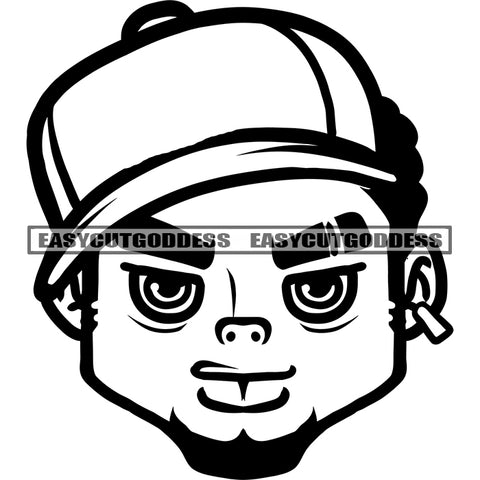 Gangster Boys Head Black And White Artwork Design Element African American Boys Wearing Cap Vector Angry Face SVG JPG PNG Vector Clipart Cricut Silhouette Cut Cutting