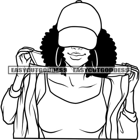 African American Woman Wearing Cap And Hoop Earing Smile Face Wearing T-Shirt Afro Sexy Body SVG JPG PNG Vector Clipart Cricut Silhouette Cut Cutting