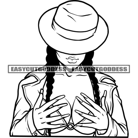 African American Sexy Woman Wearing Bekini Long Hairstyle Wearing Hat Vector BW Artwork SVG JPG PNG Vector Clipart Cricut Silhouette Cut Cutting