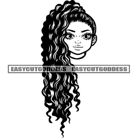 Cute African American Woman Face Design Element Curly Long Hairstyle Vector Artwork BW Smile Face SVG JPG PNG Vector Clipart Cricut Silhouette Cut Cutting