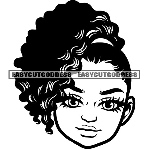 Cute African American Woman Face Design Element Curly Short Hairstyle Vector Artwork BW Smile Face SVG JPG PNG Vector Clipart Cricut Silhouette Cut Cutting