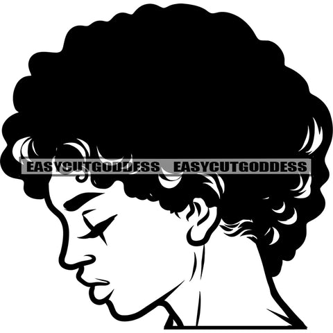 Black And White Close Eyes African American Woman Side Face Design Element Curly Short Hairstyle Vector BW Artwork SVG JPG PNG Vector Clipart Cricut Silhouette Cut Cutting